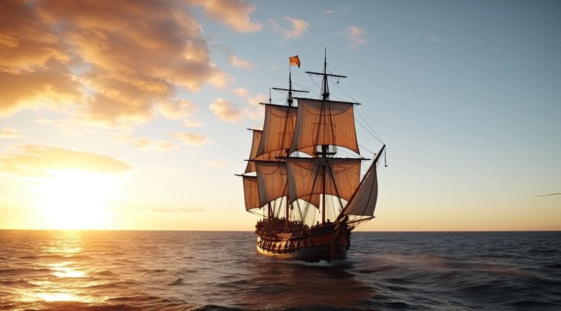 Sailing into History - sailing ship in the open sea at sunset.