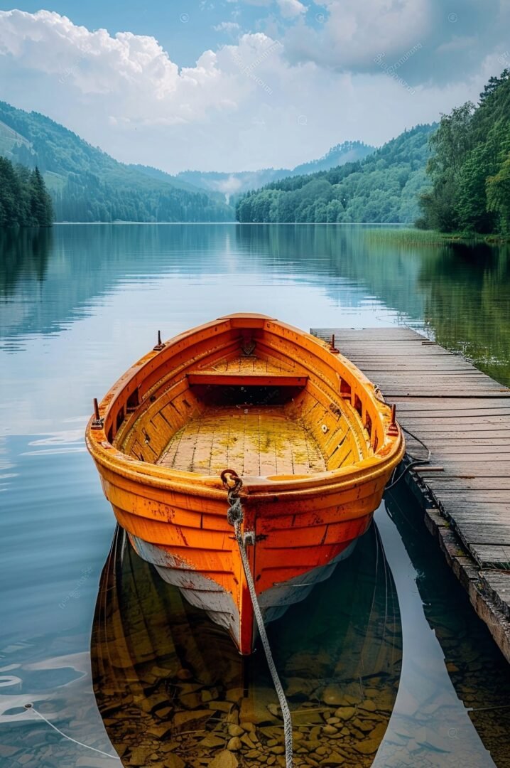Peaceful Boat Docked at Tranquil Pier with Reflective Waters and Picturesque Landscape