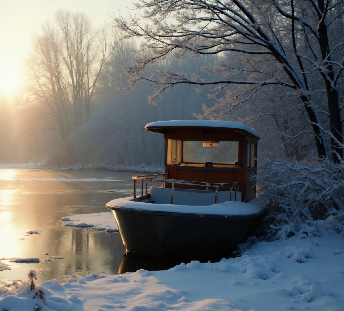 Tranquil winter lake at sunrise with snow-covered boat and trees