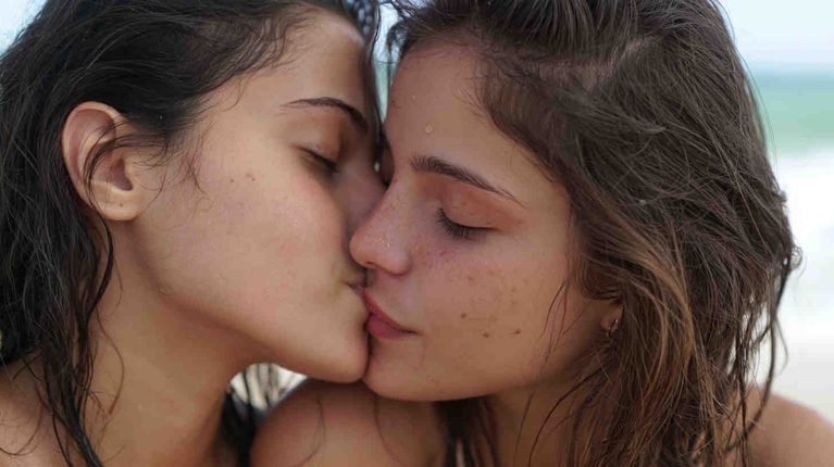 Ocean Love Story: Brazilian Girls Sharing a Kiss