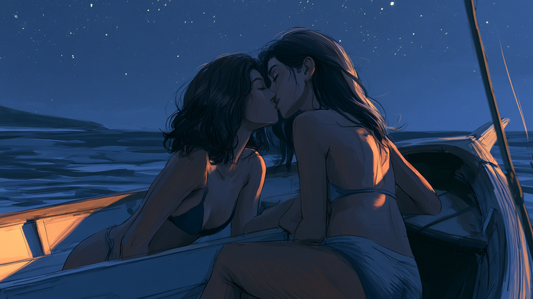 Brazilian Girls Kissing on a Boat Under the Stars