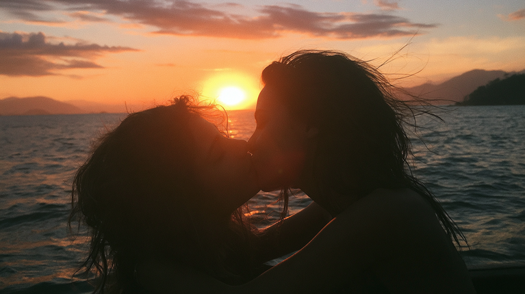 Brazilian Girls Kissing on a Boat at Sunset